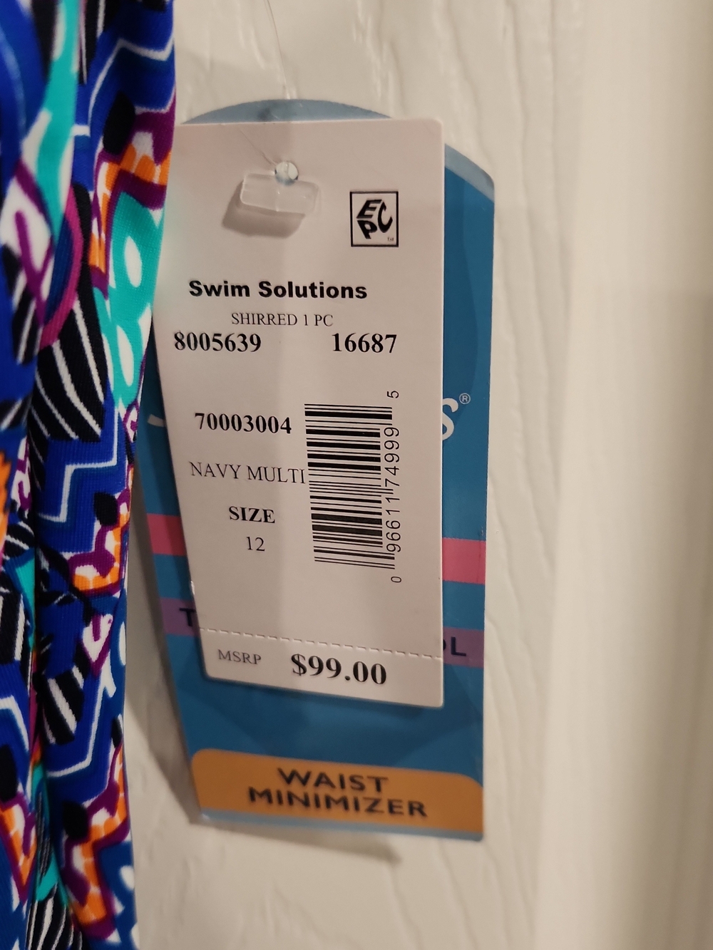 NWT Swim Solutions One Piece Swimsuit 12 Tummy Control Navy Multi Shirred $99 - Picture 2 of 8
